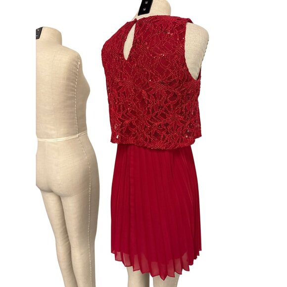 Speechless Red Lace and Pleated Skirt Midi Dress Size M Sleeveless Sequin - Picture 7 of 11